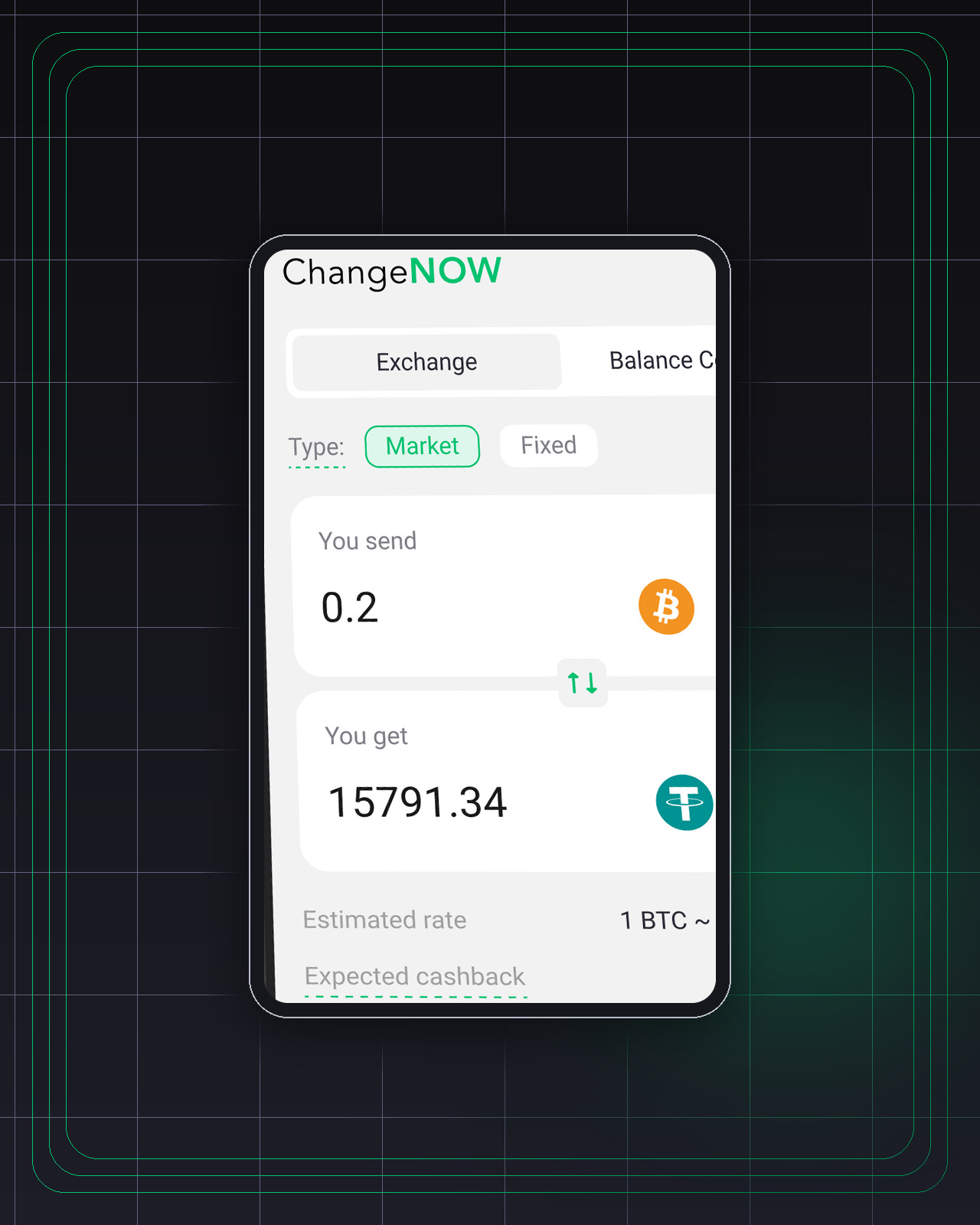 ChangeNOW — BTC to USDT exchange screen with market and fixed rate types